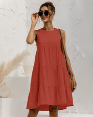 Solid Sleeveless Ruffle Sundress Round Neck A Line Pleated Mini Short T Shirt Dress