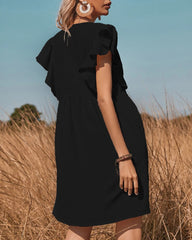 V Neck Loose Spring Summer Ruffle Trimed Button Smock Sleeveless Mini Vest Dress