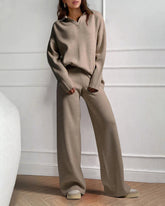 Casual Two-Pieces Outfits Lapel V Neck Sweater and Trousers Sets