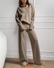 Casual Two-Pieces Outfits Lapel V Neck Sweater and Trousers Sets