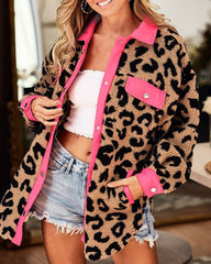 Polar Fleece Furry Coat Leopard Dot Pocket Dalmatian Spot Snap Button Plush Shaggy Jacket