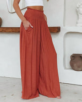 Loose Beach Elastic High Waist Casual Wide Leg Palazzo Yoga Lounge Trousers with Pockets