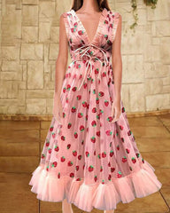 Sleeveless Mesh Strawberry V-Neck Dress