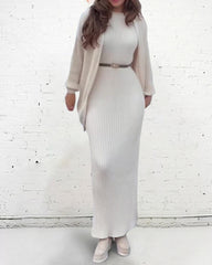 Lazy Style Knitted Sweater Long Dress & Cardigan Two-piece Sets