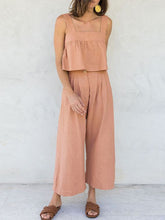 Square Neck Sleeveless Button Crop Tank Top and Elastic Wide Leg Pants Set