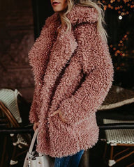 Pink Teddy Bear Coat Winter Warm Loose Oversized Fleece Jacket Pockets Faux Fur Coat