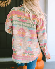 Multicolor Western Aztec Print Button Flap Pocket Shacket