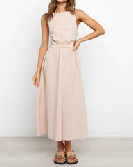 O Neck Backless Solid Color Split Maxi Party Dress Length Casual Dresses