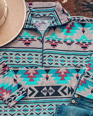 Geometric Print Sweatshirts Retro Long Sleeve Bohemia Loose Fit Zip Up Pullover