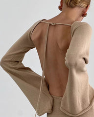 Elegant Backless Lace-up Bell Sleeve Mini Dress