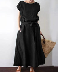 Long Maxi Crew Neck Dress with Belt High Waist with Pockets Conton Dress