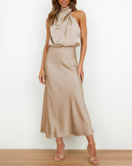 Long Formal Satin Dress Mock Neck High Neck Evening Dress