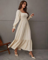 Solid Color Long Sleeve Dress Square Neck Lotus Leaf Maxi Dress