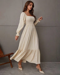 Solid Color Long Sleeve Dress Square Neck Lotus Leaf Maxi Dress
