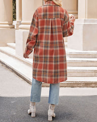 Plaid Longline Button-Up Shacket Lapel Neck Long Sleeve Shirt Pocket