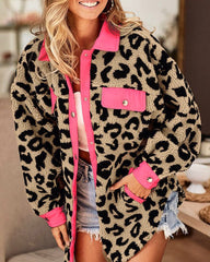 Polar Fleece Furry Coat Leopard Dot Pocket Dalmatian Spot Snap Button Plush Shaggy Jacket