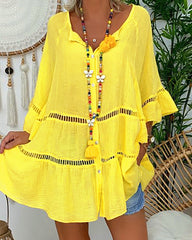 Plus Size Solid Hollow Out V-Neck Pullover Tops Shirt Dresses