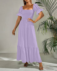 Ruffle Puff Sleeve Smocked Dress Square Neck Long Sleeve High Waist Flowy Maxi Dress