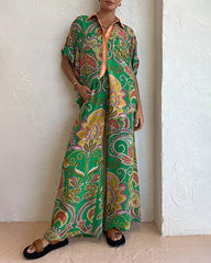 Summer Fashion Short Sleeve Baroque Totem Print Blouse With Wide Leg Pants Set