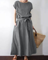 Long Maxi Crew Neck Dress with Belt High Waist with Pockets Conton Dress