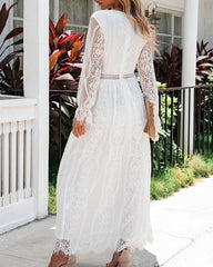 Boho Floral Lace V Neck Long Evening Dress Cocktail Party Maxi Wedding Dresses