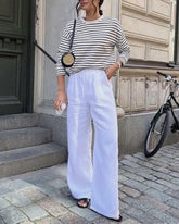 Two Piece Outfits Casual Lounge Sets Long Sleeve Stripes T-Shirt with Wide Leg Pants