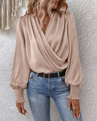 Elegant V-neck Lantern Sleeve Blouse Temperament Solid Color Shirt