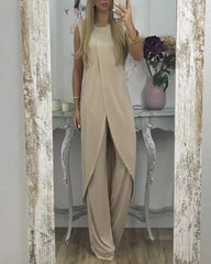 Casual Two-Piece Set: Sleeveless Loose Fit Round Neck Irregular Hem Long Top with Wide-Leg Pants