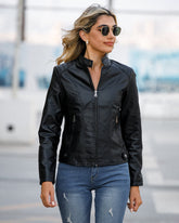 Stand Up Collar Solid Faux Leather Jacket