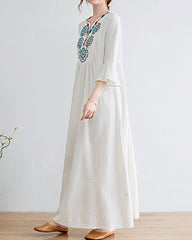 Loose Embroidered Floral Cotton Linen V-Neck 3/4 Sleeve Dress