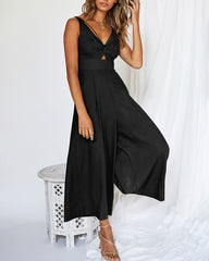 Casual Sleeveless Hollows High Waist Bodysuit Spaghetti Strap Loose Jumpsuit Overalls