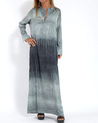Ombre Print Long Sleeve Pleated Long Dress