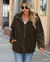 Zip Hooded Drawstring Teddy Coat