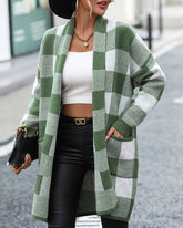 Plaid Dropped Shoulder Cardigan with Pocket