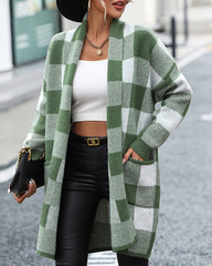 Plaid Dropped Shoulder Cardigan with Pocket