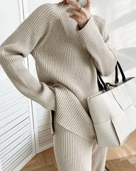 Solid Color Knitted Two Piece Casual Loose Loungewear Knit Sweater&Pants Set