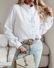 Ruffle Trim Button Front Shirt Regular Fit Long Sleeve Work Blouse