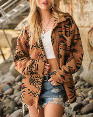 Retro Pattern Lapel Long Sleeve Plush Jacket