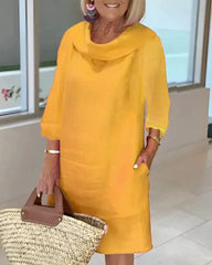 Stitching Round Neck Casual Style Solid Color Long Sleeve Dress