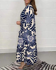 Printed Shirt Dresses V-Neck Three Quarter Sleeves Midi Dress