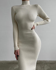 High Collar Mid-length Pitted Knitted Dresses Women's Solid Color Knitted Dress