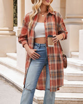 Plaid Longline Button-Up Shacket Lapel Neck Long Sleeve Shirt Pocket