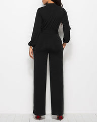 Elegant Long Sleeve Straight Long Pants Jumpsuits Clubwear Rompers with Pockets