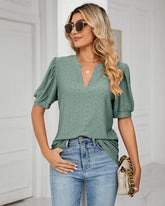 Short Sleeve Pom Pom Hollow Out Shirts Vintage V-Neck Solid Color Blouse Tops
