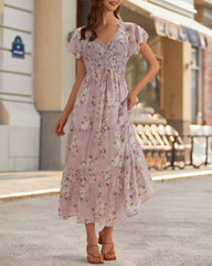 V Neck Short Sleeves Smocked Tiered Mauve Floral Maxi Dress