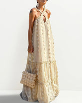 Flowy Cut Out Halter Neck Long Dress 3D Flower Chiffon Ruffle Frill Trim Puffy Swing Dress