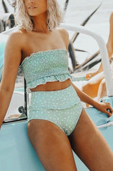Light Blue Floral Ruffle Trim High Waist Bikini Bottom