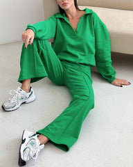 Casual Two-Piece Set V-neck Fleece Sweatshirt High-waisted Wide-leg Pants