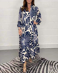 Printed Shirt Dresses V-Neck Three Quarter Sleeves Midi Dress