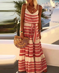 Strap Stripe Print V Neck Boho Long Maxi Dress Summer Flowy Tie Waist Beach Sundress